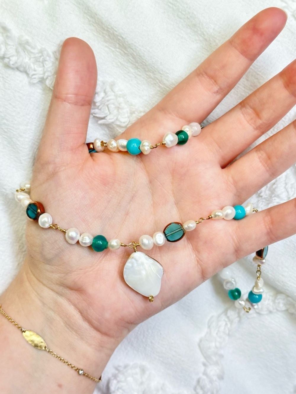 Gold & Aqua Freshwater Pearl Beaded Necklace with Mother of Pearl Pendant